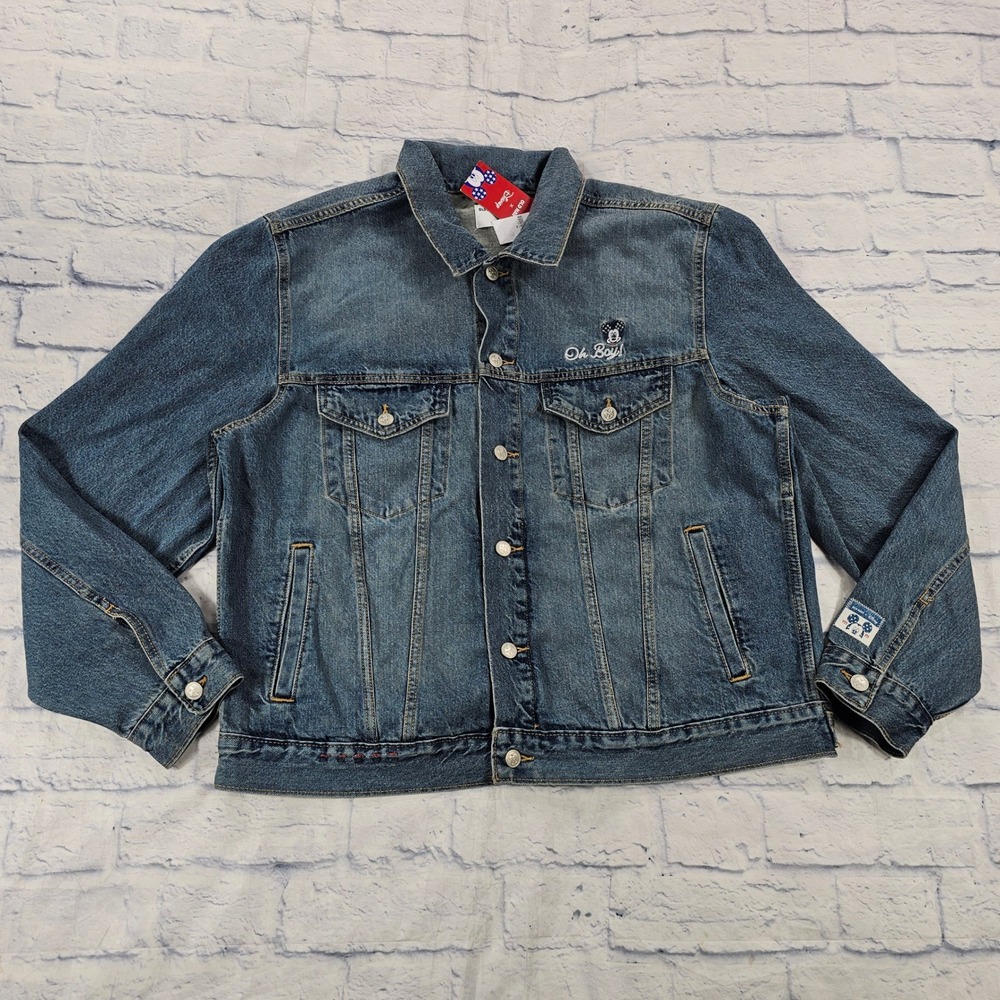 Old Navy Disney Denim Jacket Women XL Blue Mickey Mouse Oh Boy Flag Americana